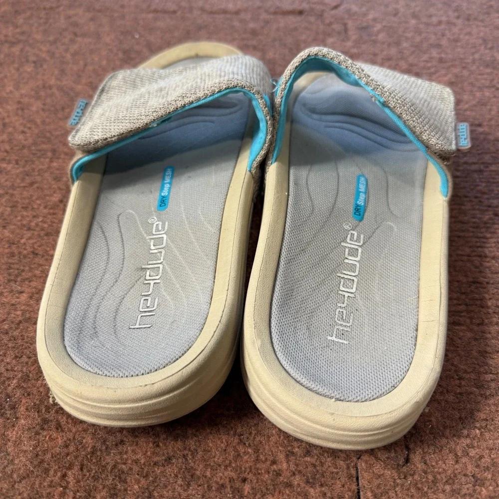 gently used Hey Dude Milo Dry Step Mesh Slides Mens Tan Teal Sandals Size 10